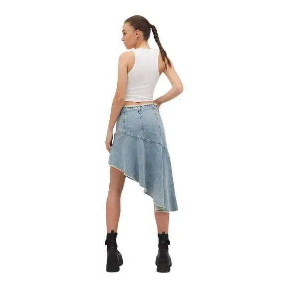 STRADIVARIUS | Blue | ASYMMETRIC DENIM SKIRT WITH RUFFLE TRIM - Picture 7 of 15